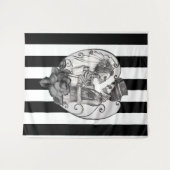 縞模様の骸骨ラブカップル結婚ダンス タペストリー (正面(横))