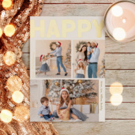 縦はっきりしたモダン3枚フォトHappy金ゴールド 箔シーズンカード