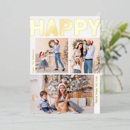 縦はっきりしたモダン3枚フォトHappy金ゴールド 箔シーズンカード (立ち正面)