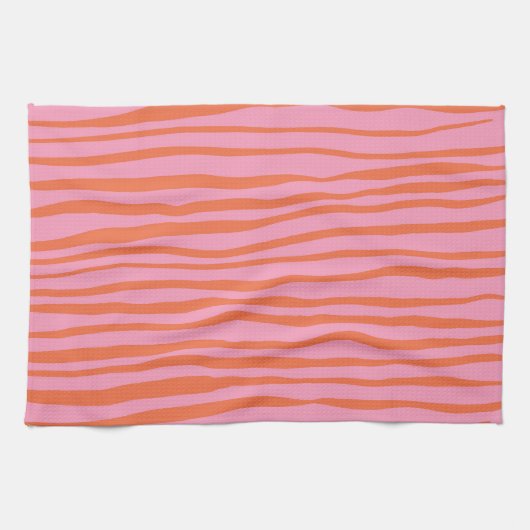 縦向きレトロ波線 – パステルオレンジとピンク キッチンタオル (横)