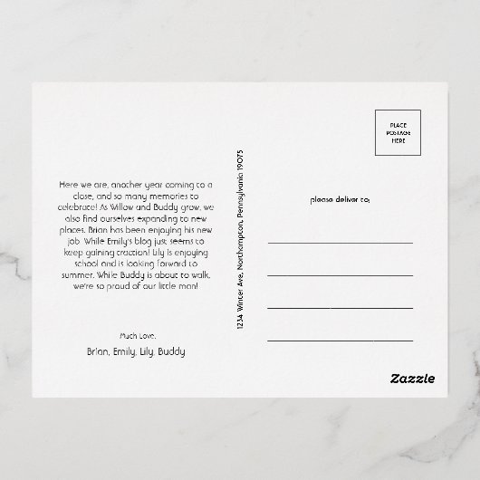 縦向はっきりしたモダンき3枚の写真メリー金ゴールド 箔シーズンポストカード (裏面)