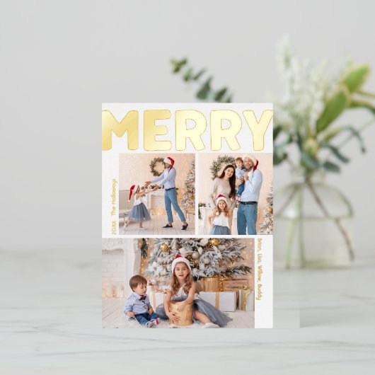 縦向はっきりしたモダンき3枚の写真メリー金ゴールド 箔シーズンポストカード (立ち正面)