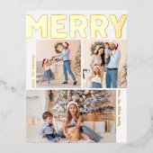 縦向はっきりしたモダンき3枚の写真メリー金ゴールド 箔シーズンポストカード (正面)