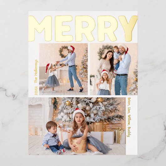 縦向はっきりしたモダンき3枚の写真メリー金ゴールド 箔シーズンポストカード (正面)