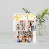 縦向はっきりしたモダンき3枚フォトハッピー金ゴールド 箔シーズンポストカード (立ち正面)