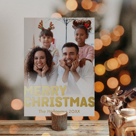 縦型はっきりした写モダン真メリークリスマス金ゴールド 箔シーズンカード