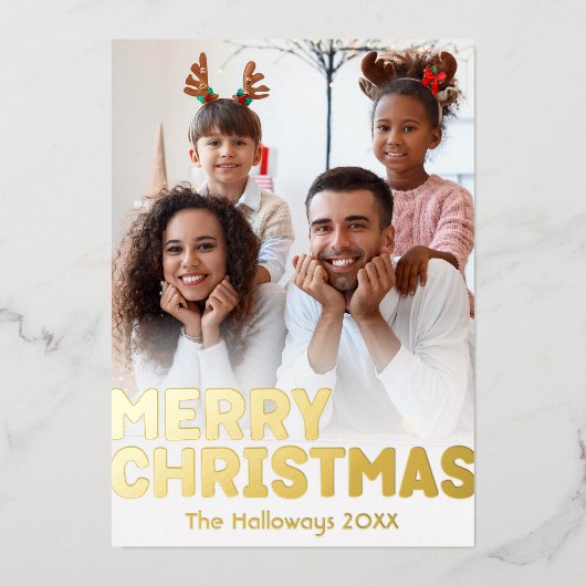 縦型はっきりした写モダン真メリークリスマス金ゴールド 箔シーズンカード (正面)