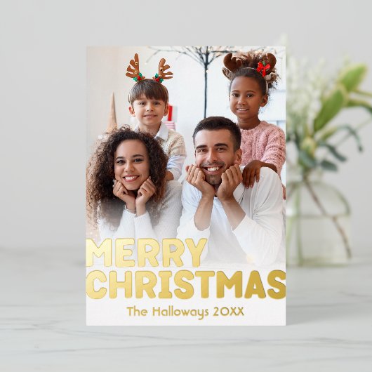 縦型はっきりした写モダン真メリークリスマス金ゴールド 箔シーズンカード (立ち正面)