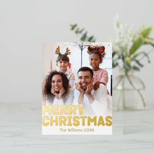 縦型はっきりした写モダン真メリークリスマス金ゴールド 箔シーズンポストカード (立ち正面)