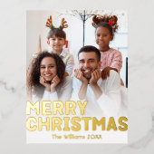 縦型はっきりした写モダン真メリークリスマス金ゴールド 箔シーズンポストカード (正面)