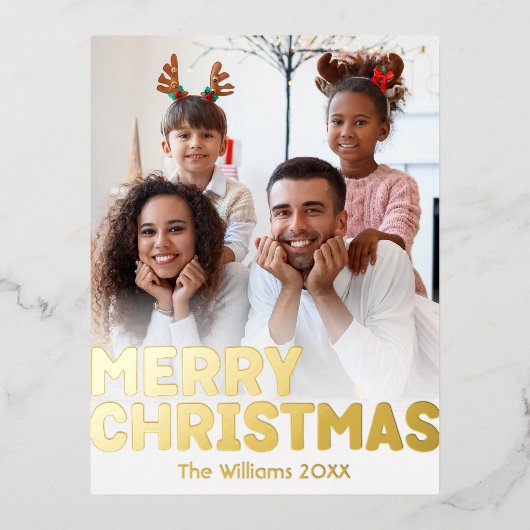 縦型はっきりした写モダン真メリークリスマス金ゴールド 箔シーズンポストカード (正面)