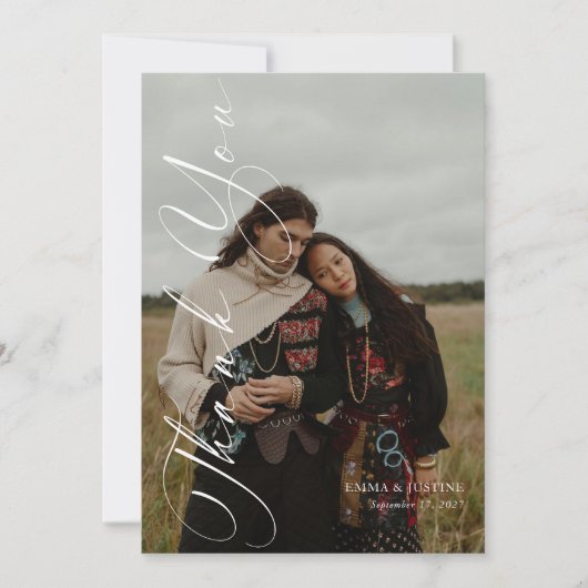 縦型エレガントスクリプトの写真結婚の サンキューカード (正面)