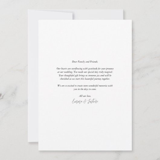 縦型エレガントスクリプトの写真結婚の サンキューカード (裏面)