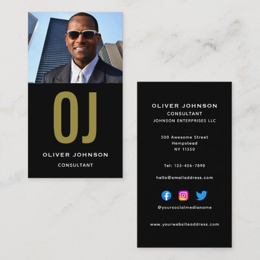 縦型ソーシャルメディアモノグラム白黒金ゴールド 名刺 (正面/裏面)