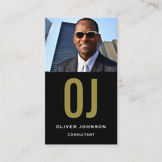 縦型ソーシャルメディアモノグラム 黒 白 ゴールド 名刺 (正面)