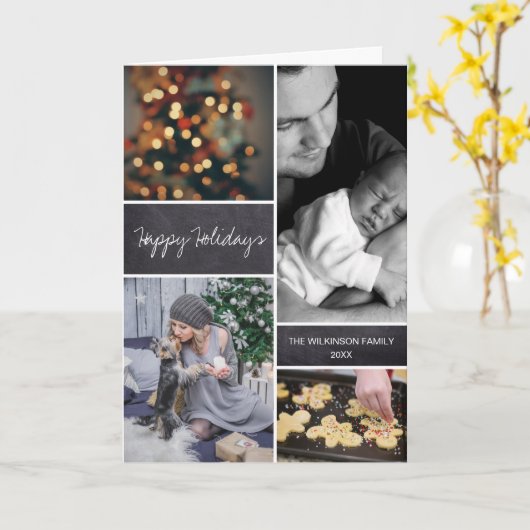 縦型パーソナライズされたクリスマス写真コラージュ カード (黄色い花)