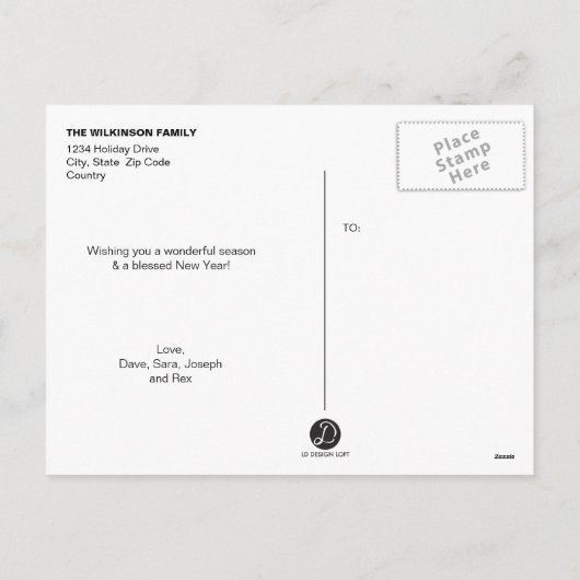 縦型パーソナライズされた家族写真コラージュ シーズンポストカード (裏面)