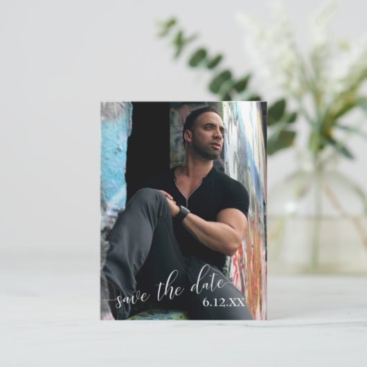 縦型フォトホワイト文字卒業日の保存 ポストカード (スタンド正面)