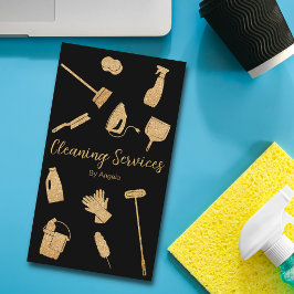 縦型ブラック金ゴールドメイド清掃サービスグリッター 名刺