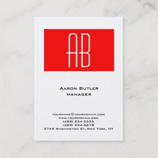 縦型プレーン白黒赤ストライプ線モノグラム 名刺 (正面)