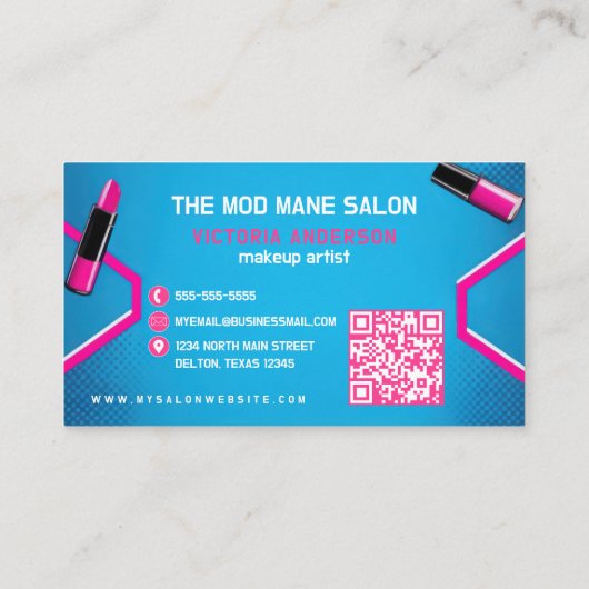 縦型ポップ・アートのアートネオンピンクブルーのメイクアップアーティスト 名刺 (裏面)