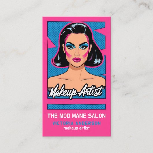 縦型ポップ・アートのアートネオンピンクブルーのメイクアップアーティスト 名刺 (正面)