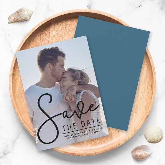 縦型モダンのScript Photo日付カードの保存 セーブザデート