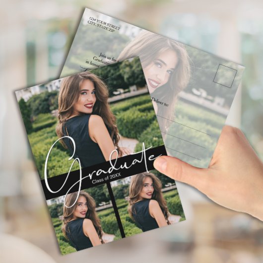 縦型4フォトブラック卒業パーティー招待状 ポストカード