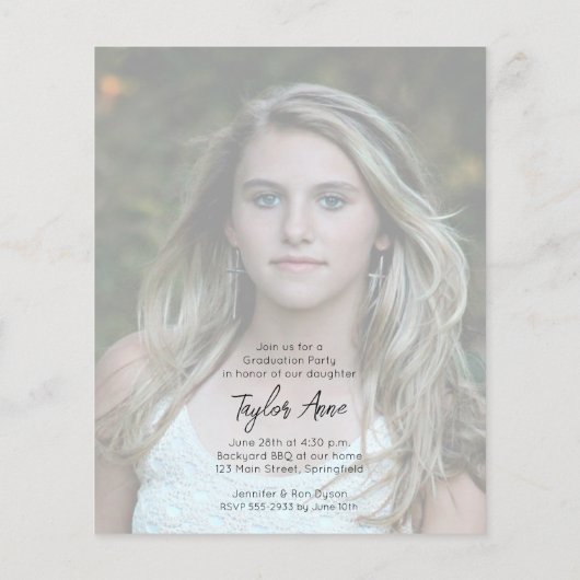 縦方向の写真の卒業招待状の予算 (裏面)