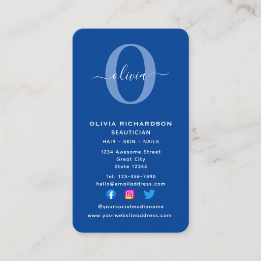 縦書きモノグラムスクリプト名(青ガーリー白) 名刺 (正面)