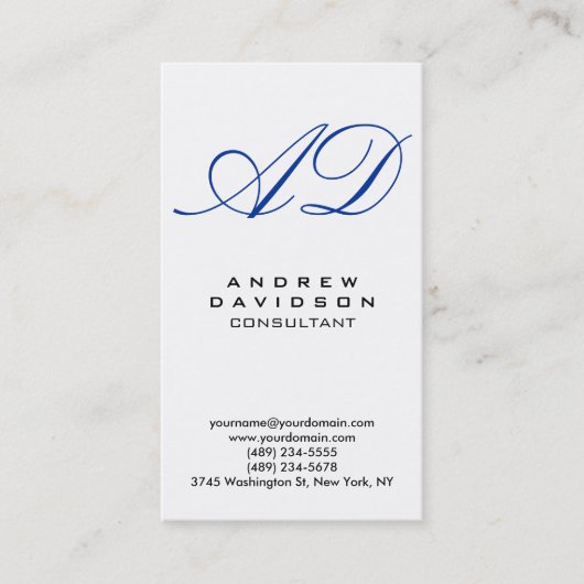 縦書き青のホワイトスクリプトモノグラムの名刺 名刺 (正面)