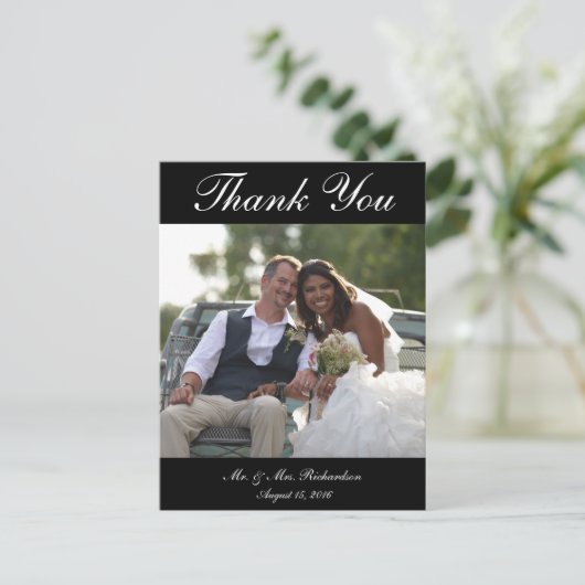 縦 ブラック&ホワイト オーダーメイド ウェディング フォト サンクスカード ポストカード (スタンド正面)