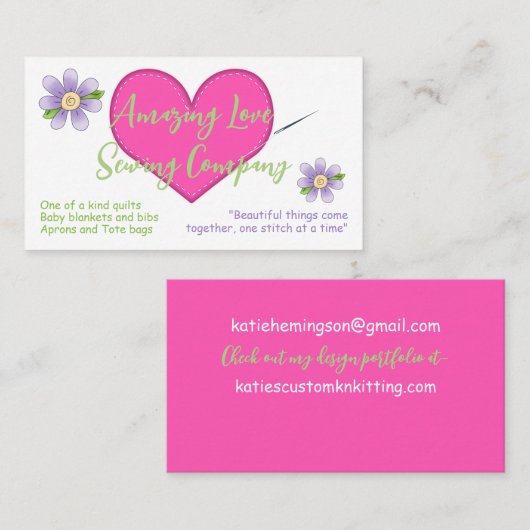 縫いハートと紫の花裁縫 名刺 (正面/裏面)