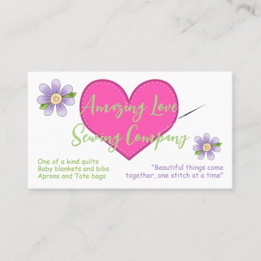 縫いハートと紫の花裁縫 名刺 (正面)