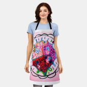 縫いルックカラーの花の蝶 エプロン (着用した状態)