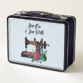 縫い付けオンヴィンテージ裁縫機械とフローラ メタルランチボックス (裏面)