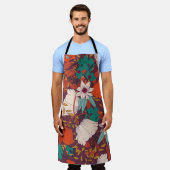 縫い目の無いデザイン、手描きの花付き エプロン (着用した状態)