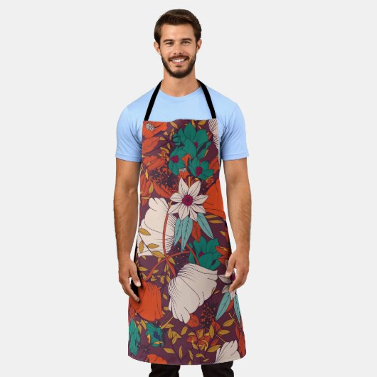 縫い目の無いデザイン、手描きの花付き エプロン (着用した状態)