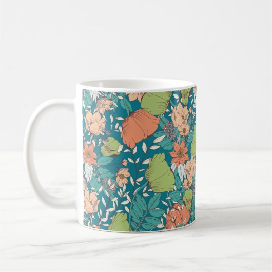 縫い目の無いデザイン、手描きの花付き コーヒーマグカップ (左)