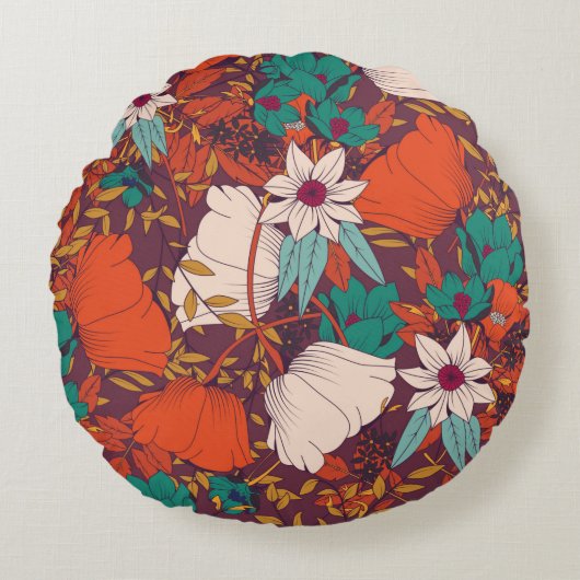 縫い目の無いデザイン、手描きの花付き ラウンドクッション (正面)