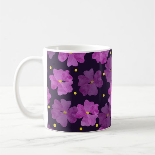 縫い目の無い紫の花模様。フローラ水色 コーヒーマグカップ (左)