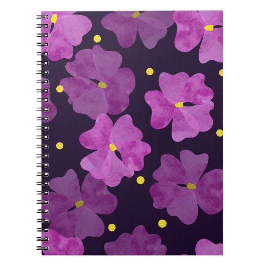 縫い目の無い紫の花模様。フローラ水色 ノートブック (正面)