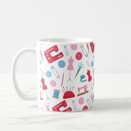 縫うこと及び悪賢いテーマのヴィンテージ色 コーヒーマグカップ (左)