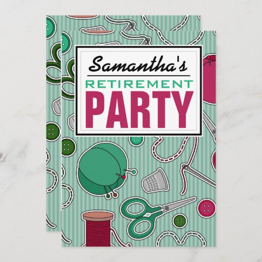 縫うテーマの退職パーティー 招待状 (正面/裏面)