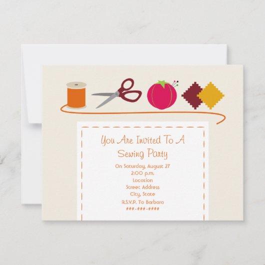 縫うパーティーの糸、はさみ、Pinのクッション、材料見本 招待状 (正面)