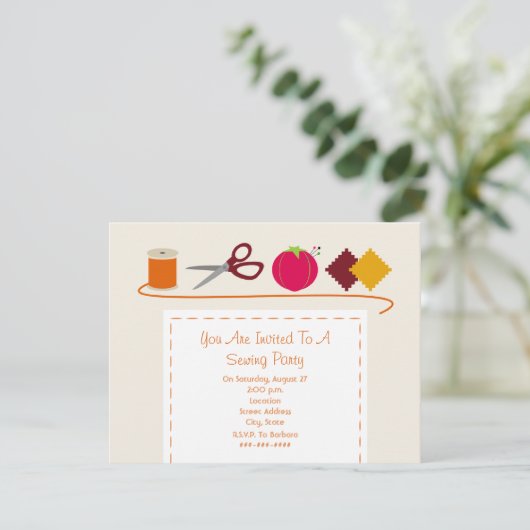 縫うパーティーの糸、はさみ、Pinのクッション、材料見本 招待状 (スタンド正面)