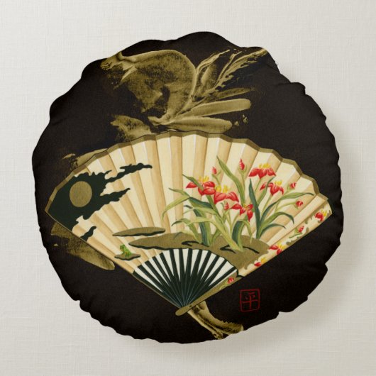 縮れたオリエンタルファンとフローラデザイン ラウンドクッション (裏面)