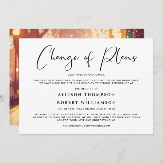 縮小されたウェディングの変更計画の写真 案内状 (正面/裏面)