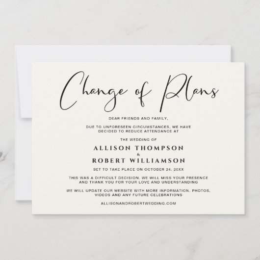 縮小された結婚式の計画変更 エレガントなクリーム 案内状 (正面)