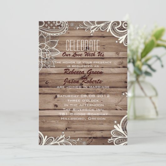 繁栄した渦巻きレース納屋の木造の田舎結婚式 招待状 (スタンド正面)